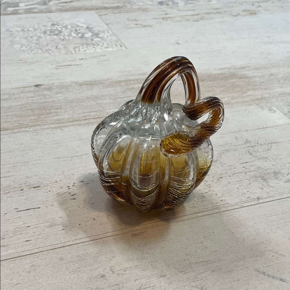 Brown and Clear Crackle Blown Glass Small Pumpkin Decor